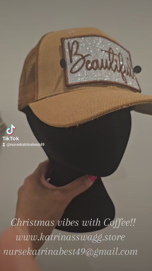 Coffee truck hat with silver glittery patch and brown letters